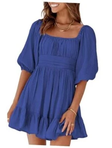 Womens Summer Dresses Square Neck Tie Back Lantern Sleeve Ruffle Small 3 Blue - Picture 1 of 7