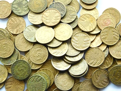 Lot GERMAN Coin 100x 5 REICHSPFENNIG 1924 - 1936 Brass WEIMAR REPUBLIC Pfennig - Image 1 of 4