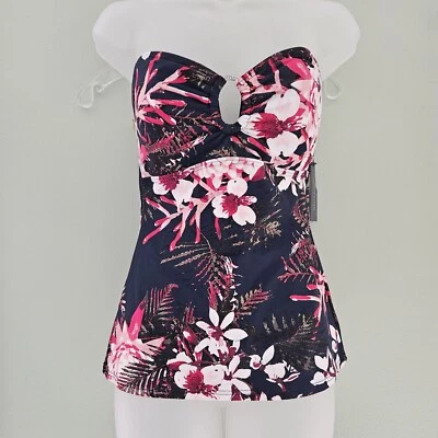 Nuevo con etiquetas XL Para mujeres Tommy Hilfiger Azul Marino Tropical Orquídea Bandeau Tankini Camiseta de Natación  Foto 1 de 4