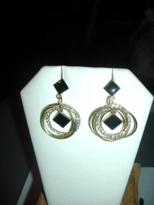 Gold Black Crystals MULTIPLE GEOMETRIC CIRCLES Betsey Johnson Pierced EARRINGS - Picture 1 of 7