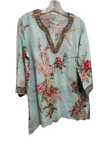 John Mark Linen S Birds And Roses Top Light Blue. Stunning Tunic - Picture 1 of 10