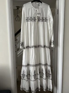 ZARA White Cotton Embroidered Voluminous Maxi Dress Size XL Blogger Holiday Boho - Picture 1 of 9