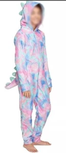 Justice Girls Dragon One Piece Hooded Tie Dye Fleece Pajama Hood Removable SZ6 - Picture 1 of 3