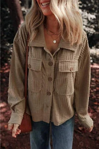 Textured Pocketed Collared Neck Long Sleeve Shacket - Picture 1 of 7