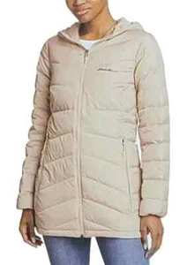 EDDIE BAUER EB650 Tan Down Chevron Hooded Lightweight Packable Puffer Jacket S - Picture 1 of 19