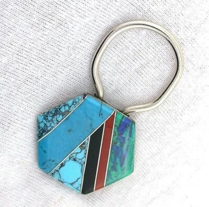 Zuni Sterling Turquoise Lapis Coral Onyx Lapis Intarsia Keychain Key Chain - Picture 1 of 3