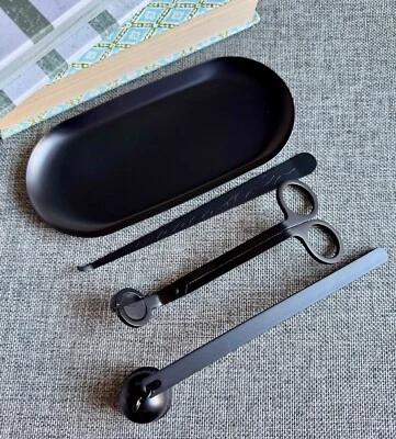 New 4-Pc Black Metal Candle Tool Accessory Set w/ Tray, Snuffer, Trimmer, Dipper - Image 1 of 4
