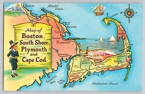 Karte von Boston South Shore Plymouth und Cape Cod Pilger Chrom Postkarte - Bild 1 von 2