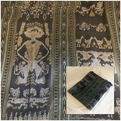 VTG Handmade Queen Quilt Blanket Bedspread Blue Tribal Pattern Figure w Animals - Image 1 of 4