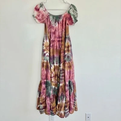 YFB Clothing Tie Dye Maxi Dress Tiered Off Shoulder Bohemian Pink Small - Image 1 of 4