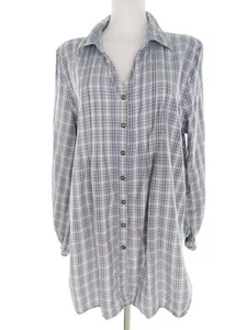 Isolde Size 48 Blue Buttoned Tunic Blouse Cotton 100% Long Sleeve Plaid - Picture 1 of 5