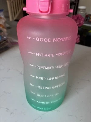 73 oz. Motivational Water Bottle Time Marker Pink/Green NEW w/ Straw - Image 1 of 2