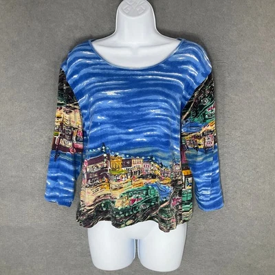 Ocean Town Scenery Top Womens Sz M Blue Novelty 3/4 Sleeve Travel Vacation - Image 1 of 4