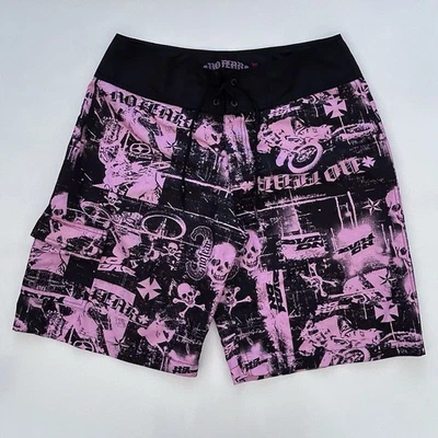 Винтажные мужские шорты Y2K No Fear Board гранж внедорожник с черепом розовые и черные 34 - Изображение 1 из 4