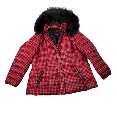 TALBOTS Red Black Check Down Puffer Jacket Removable Hood Faux Fur Trim Size 1X - Image 1 of 4