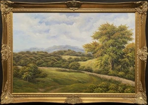 Pintura al óleo grande hermosa paisaje rural inglés mediados de siglo c. 1960 - Imagen 1 de 11