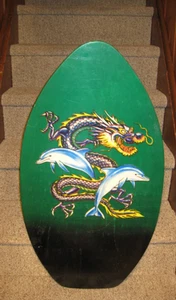 Vintage Skimboard Skim Board Wake Board Boogie Surf Wood Dragon Dolphin Decor - Picture 1 of 2