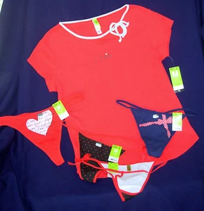 HUE T-Shirt Schlaf Top 4 G-String Tanga Gr. M Höschen je t'aime Herzen rot blau - Bild 1 von 4