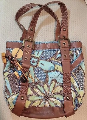Vtg Isabella Fiore Flower Power Jan Turquoise Beaded Brown Leather Read Descript - Image 1 of 4