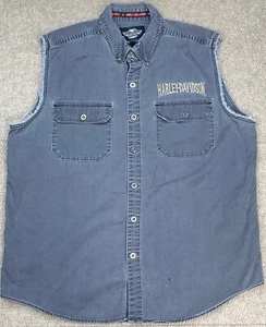 Harley Davidson Vintage Men's Button Up Gray Denim Sleeveless Shirt Size XL - Picture 1 of 13