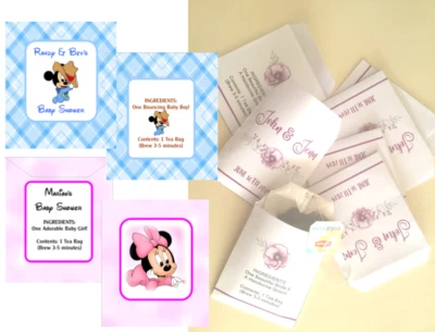 12 Baby Shower Tea Bag Envelopes Personalized Party Favor Mickey Minnie Mouse - Image 1 of 4