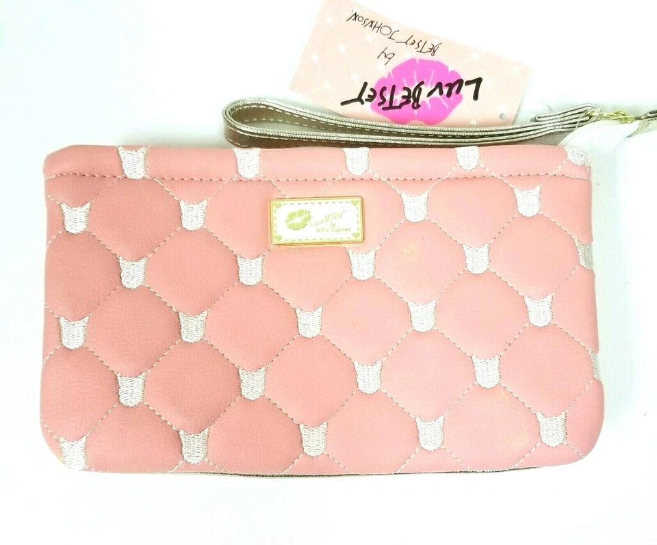 Betsey Johnson Pink White Quilted Leatherette Double Pouch Wristlet Bag