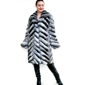 Damen Echt Rex Kaninchenfellmantel warme Jacke Revers Chinchilla Winter Pelzmantel - Bild 1 von 7