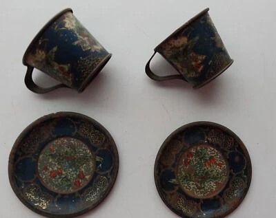 Vintage Antique Children's 4 Piece Cup Saucer Set Toleware Paint Wear - Image 1 of 4