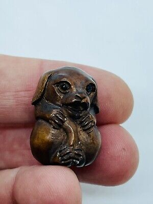 Antique Wood Carved Netsuke Dog Puppy Figurine - Signed • 54$