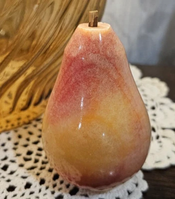 Vintage Alabaster Red and Yellow Marble Stone Fruit Pear 4" With Stem Italy - Image 1 of 4