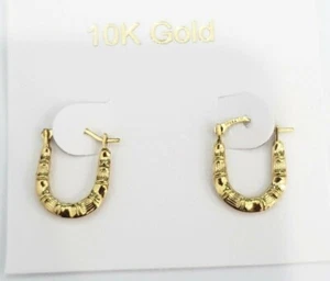 Real 10k Yellow Gold U shape Oval Patterned Hoops Hoop Earrings Diamond Cut - Picture 1 of 7