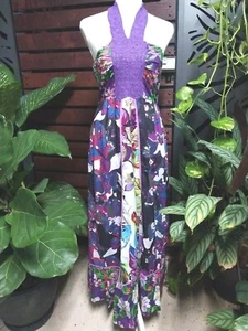 Orientique 8 Maxi Halter Purple Crochet Frilled Hem Shirred Back 2127 A19 - Picture 1 of 4
