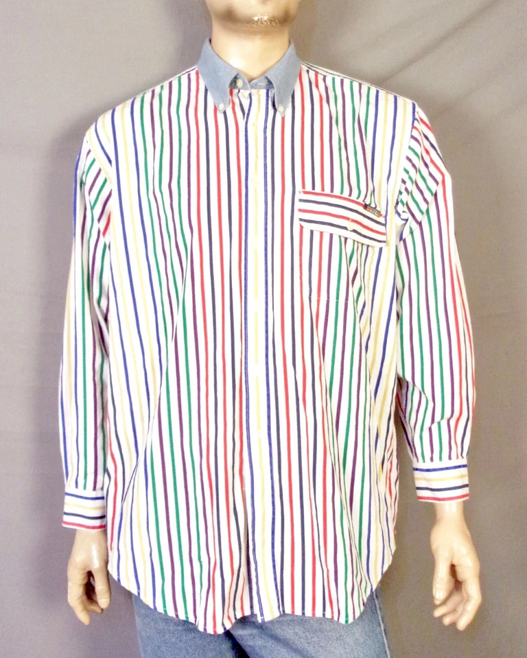 vintage 90s EUC Cutter & Buck Colorful Rainbow Striped OCBD Shirt Chambray sz L - Image 1 of 3