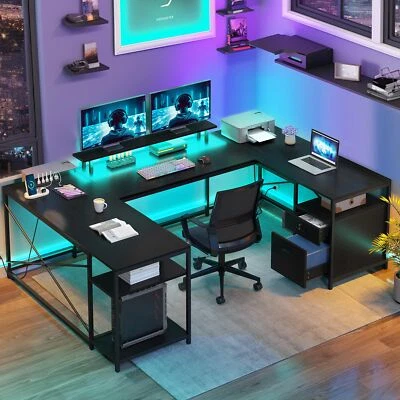 LED U Shaped Desk with Power Outlets 79" Reversible L Shaped Desk with Drawer - Image 1 of 4