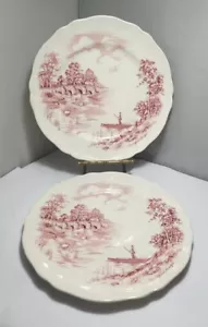 2 DINNER PLATES MEAKIN ENGLISH BRIDGES 10" TILFORD BRIDGE PINK Red White - Picture 1 of 8