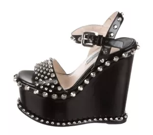 $1150 PRADA BLACK LEATHER STUDDED PLATFORM WEDGES SZ 5.5 35.5 - Picture 1 of 5