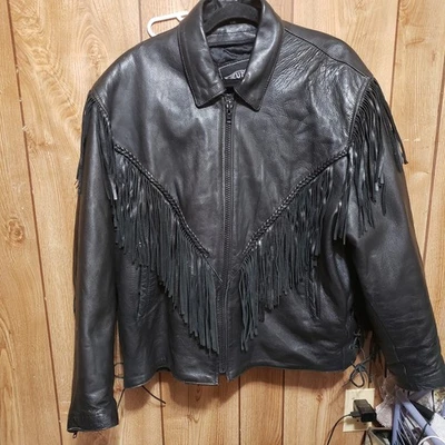 UNIK Black Fringe Leather Jacket Size 5XL W/ Zip Out Liner For Warmth - Image 1 of 4