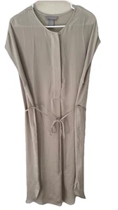 H & M Tan Sleeveless Button Down Collarless Tie Belt Midi Dress Sz Med  Class - Picture 1 of 4