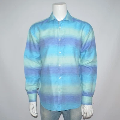 BUGATCHI Classic Fit 100% Linen Blue Striped Long Sleeve Casual Shirt Sz L - Image 1 of 4