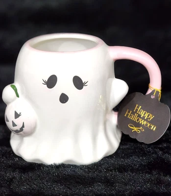 White Ghost Pink Pumpkin Pail Trim Coffee Mug Cup Ceramic Halloween Spooky Cute - Image 1 of 4