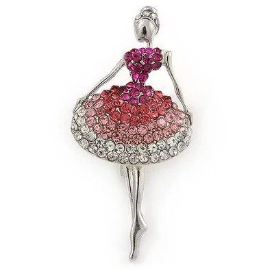Broche de bailarina transparente/rosa/magenta cristal en tono plateado metal - 57 mm L Foto 1 de 4