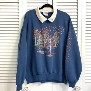 Vtg Morning Sun Fall Tree Leaves Sweatshirt Womens Blue Nature Grandma XXXL USA - Picture 1 of 15