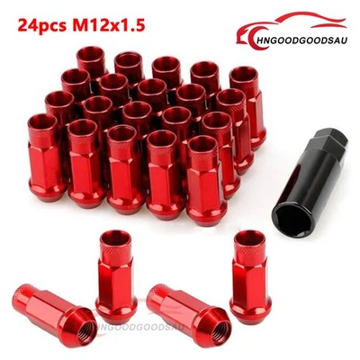 24pcs M12x1.5 Open End Lug Nut 48mm Steel Wheel Nuts Bolts with Socket Key Red - image 1 of 4