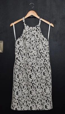 Mini Vestido de Cóctel Shoshanna Marfil y Negro Encaje Halter Sin Espalda Talla 10 Fiesta Foto 1 de 4