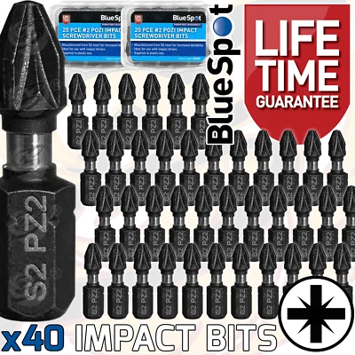 BLUESPOT PZ2 IMPACT Bits Drill Driver Pozi Screwdriver Bit 25mm Pozidrive S2 Steel HD x40