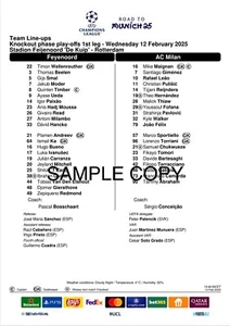 Feyenoord v Milan Champions League 12.02.25 EUFA Official Colour Team Sheet - Picture 1 of 1