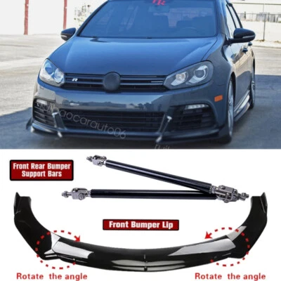 For Volkswagen Golf R MK6 Glossy Front Bumper Lip Spoiler Splitter +Strut Rods - Image 1 of 4