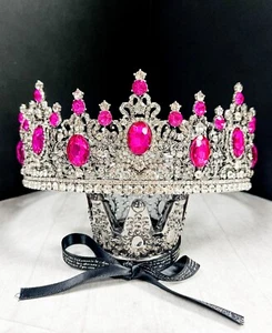 Royal Queen Crown for Women, Silver Wedding Crown, Fuchsia Crystal Crown - Picture 1 of 7