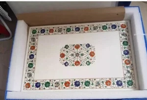 24"x48" Multicolor Gemstones Inlay Dining Table Top Handmade Marble Meeting Desk - Picture 1 of 9