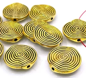 8 Large Antique Golden Pewter Spiral Disc Beads Flat Round 18mm - Imagen 1 de 3